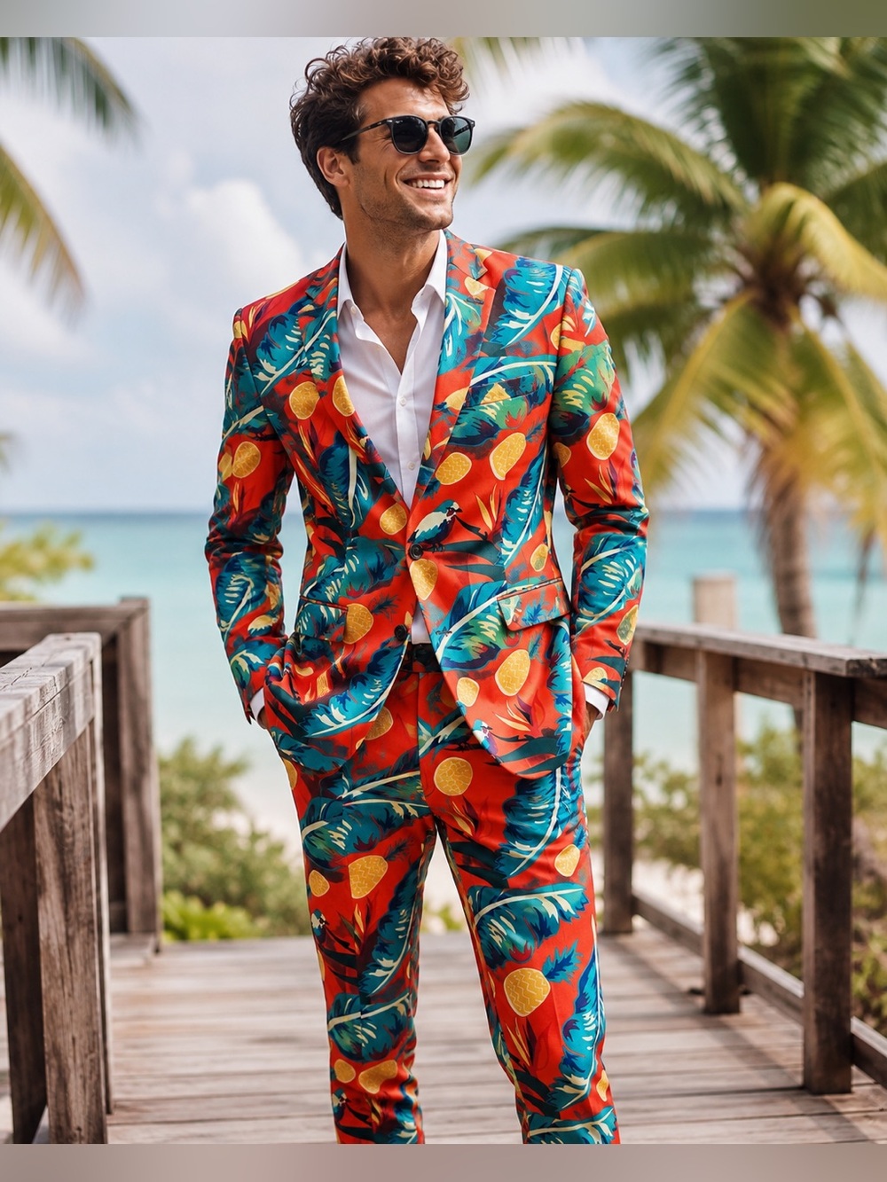 Shinesty Cruise Ship Casanova Tropical Pineapple 2 Piece Suit 46R 32x31 Hawaiian